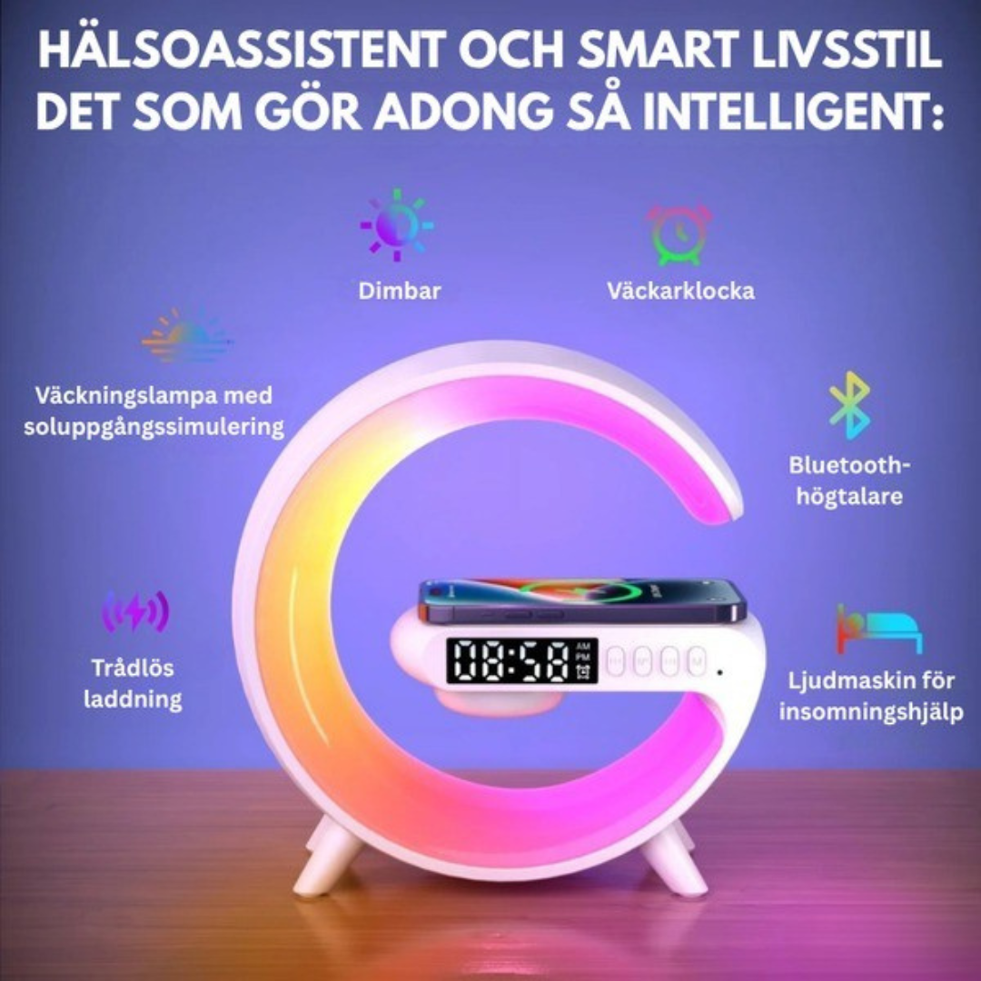 SoundGlow™ | Soluppgångsvakningslampa, Bluetooth-högtalare, trådlös laddare, stämningsbelysning!