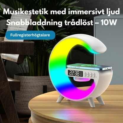 SoundGlow™ | Soluppgångsvakningslampa, Bluetooth-högtalare, trådlös laddare, stämningsbelysning!
